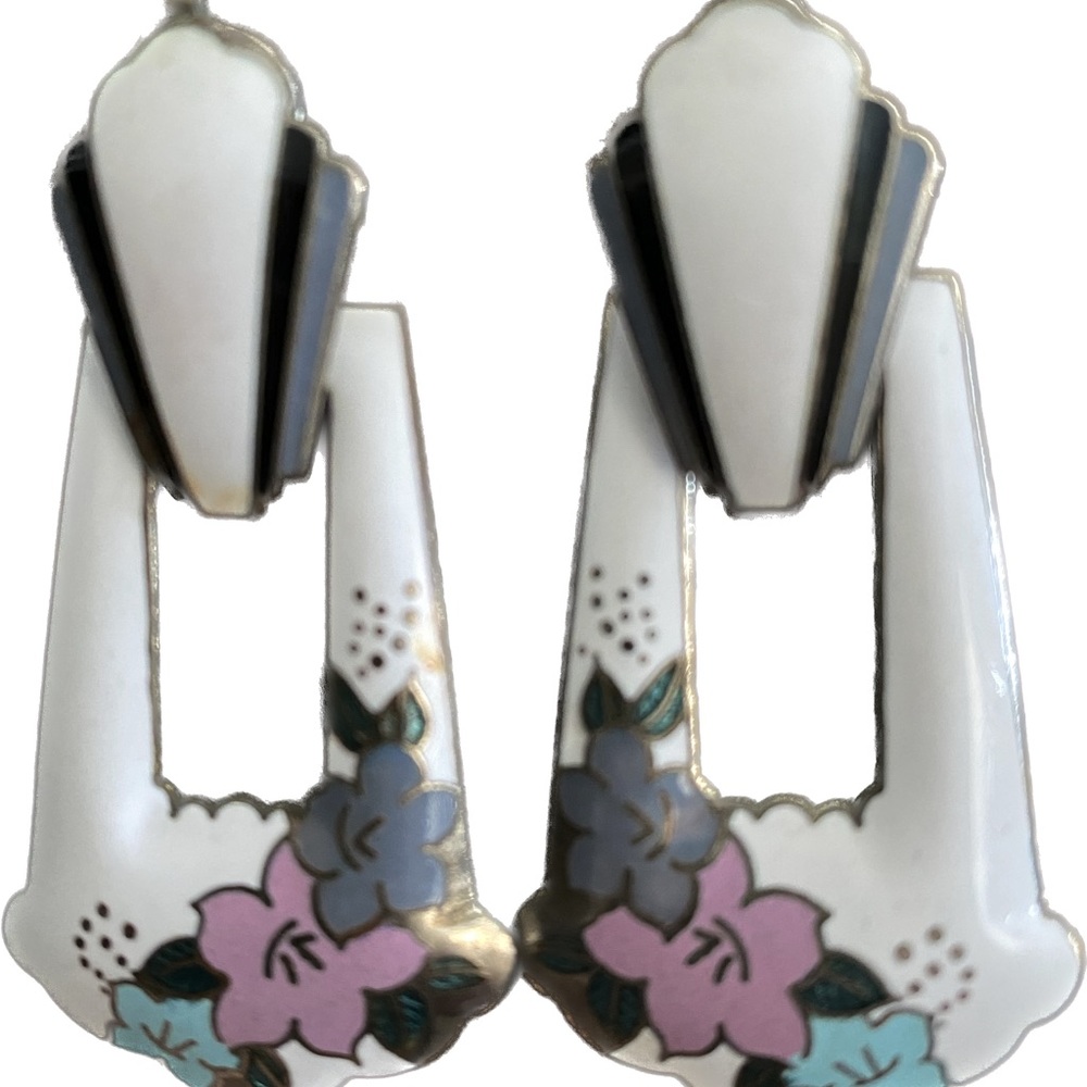 VINTAGE ART DECO STYLE 1970/80’s SIGNED REO ENAMEL CONVERTIBLE EARRINGS